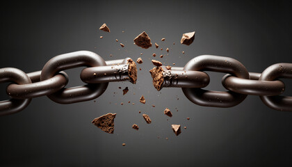 Broken chain with flying debris against a dark background  