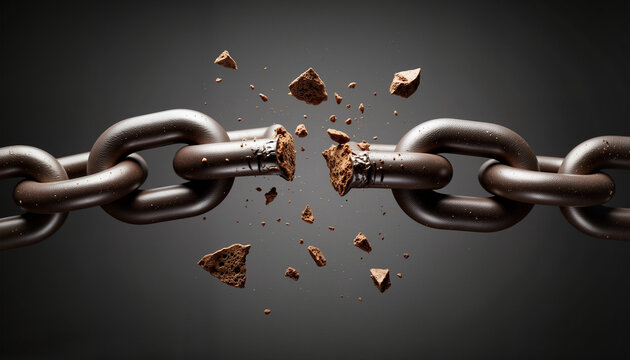 Broken chain with flying debris against a dark background  