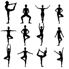 Set of yoga poses, Silhouettes, Set Sport Women Silhouettes, Yoga, Collection, Yoga Pose, Vector Illustration.