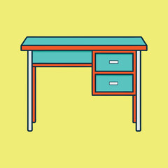 Illustration of a retro style desk with drawers on a yellow background