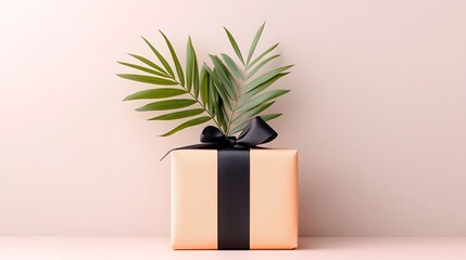 Fototapeta premium Gift box with tropical leaves minimalist setting still life elegant environment close-up view