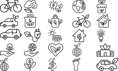 Eco-Friendly & Sustainability Icons Pack – Editable Vector Set for Green Energy, Transportation, and Environmental Care
