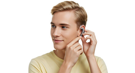Young man adjusting a modern hearing aid for enhanced hearing, promoting accessibility and innovative sound amplification technology solutions.
