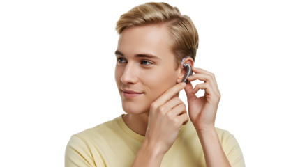 Young man adjusting a modern hearing aid for enhanced hearing, promoting accessibility and innovative sound amplification technology solutions.