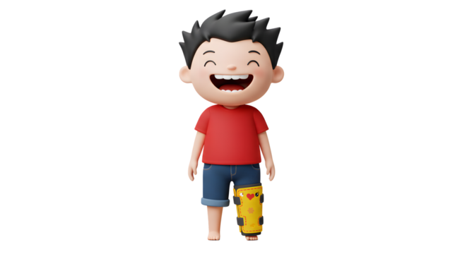 A cheerful 3D rendered boy with a leg brace smiles brightly, wearing a red shirt and blue shorts against a black background. Optimism shines!
