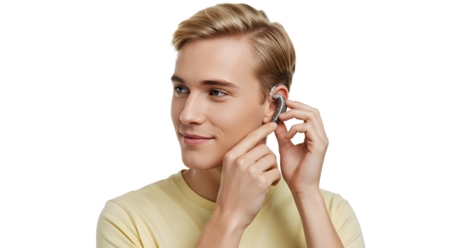 Young man adjusting a modern hearing aid for enhanced hearing, promoting accessibility and innovative sound amplification technology solutions.