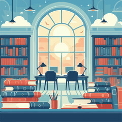 Cartoon illustration of a library with various books