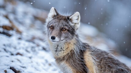 Naklejka premium close-up of an Arctic fox with its thick white fur blending into the snowy surroundings concept
