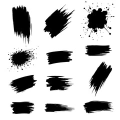 Paint brush strips with rough edges and fading marks on white background. Black smeared streaks with natural ink texture and vertical movement. Grunge elements