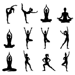 Silhouettes, Set Sport Women Silhouettes, Yoga, Collection, Yoga Pose, Vector Illustration.
