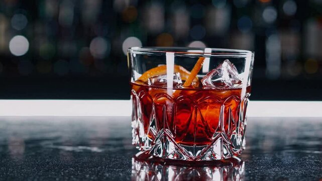 Coffee negroni red cocktail drink with dry gin, vermouth and bitter, espresso, liqueur, orange and ice. Black bar counter background