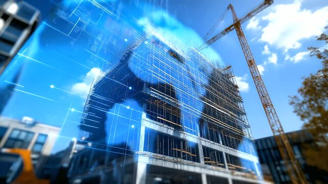 A smart construction site where digital lines and holographic images float around a building in progress, showcasing how technology enhances modern building techniques.