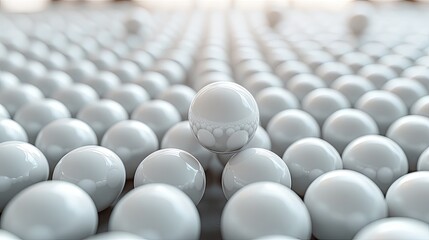 A multitude of white spheres arranged closely, one slightly elevated with textured details