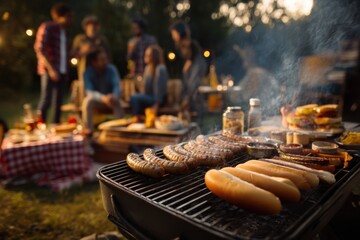 An ultra-realastic image of Grill with burgers and hot dogs sizzling, with smoke and picnic setup around with group of friends smiling 