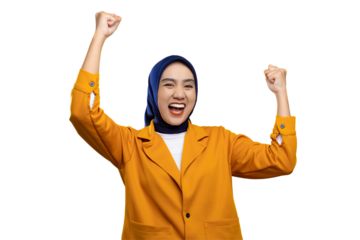 Excited young Asian woman making yes gesture, celebrating success, clenching fists isolated on transparent background