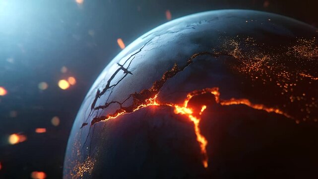 A surreal image of a globe with tectonic plates shifting, causing a deep fault line between the USA and China flags, emphasizing political instability.