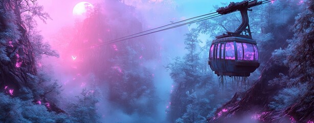 A cable car hanging on broken wires, glowing pastel vines trailing down its frame in a misty canyon A cable car dangling from frayed wires, pastel vines cascading down in a mist-filled canyon 