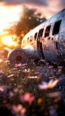 A crumbling airplane graveyard glowing softly in the golden-hour light, surrounded by pastel wildflowers A decaying airplane graveyard bathed in golden-hour light