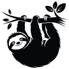 This black-and-white vector-style illustration features a cheerful sloth hanging upside down from a leafy tree branch.  © Md