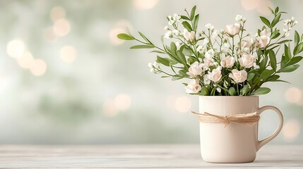Fototapeta premium Delicate white flower arrangement in a cup indoor setting decorative still life photography