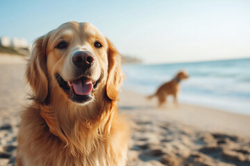 Dog running on the beach. Dogs running on the sand. Dogs running on the ocean shore