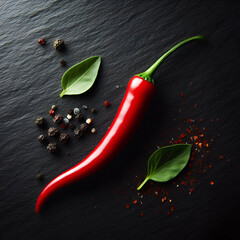 Red Chili Pepper on Black Slate Background with Dramatic Lighting