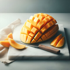 Ripe Mango Half and Slices on Marble Surface with Natural Light