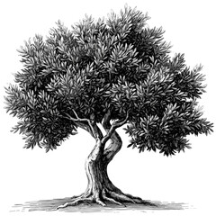 Olive tree vector, black sketch, rough engraving, vintage illustration, old tree silhouette, rustic nature art, antique botanical, monochrome drawing, simple woodcut