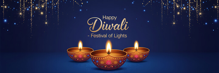 Diwali Festival Banner Featuring Glowing Traditional Diyas on Deep Blue Background Sparkling Gold Blue Light Particles Perfect for Festive Greetings Digital Invitations and Holiday Promotional Designs
