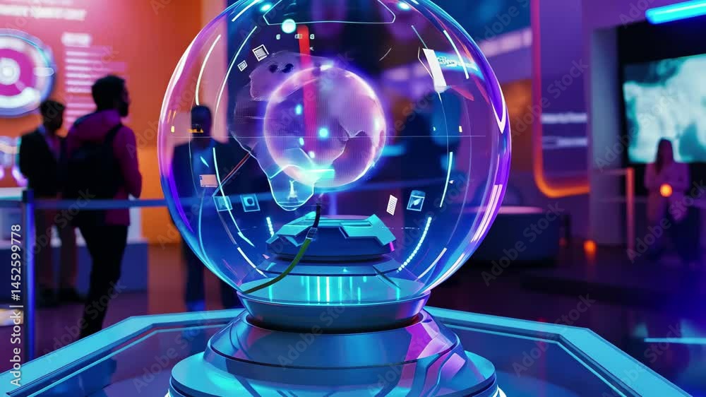 Poster interactive holographic display showcasing advanced technology at a futuristic exhibition with visit