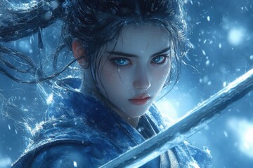 A strong female figure wielding a blade in a wintery scene.