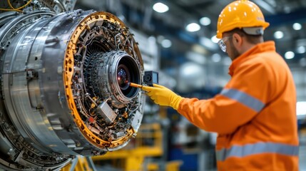 Airplane Inspection Worker Concept, Worker Using Borescope Camera to Inspect Engine Component in Industrial Setting