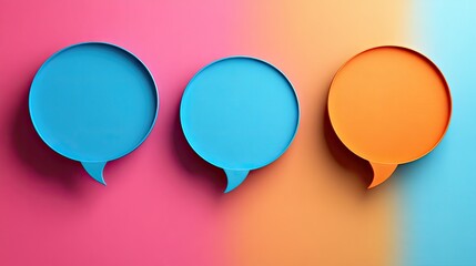 Three vibrant speech bubbles pop against a blended pink, orange, and light blue background
