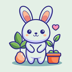 Obraz premium Adorable Cartoon Bunny with Potted Plants and Heart
