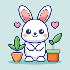 Adorable White Bunny with Plants and Hearts Cute Cartoon Illustration