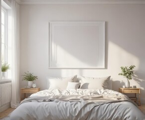 Large white frame mockup against a bright bedroom wall with natural window light ,  photography, bedroom