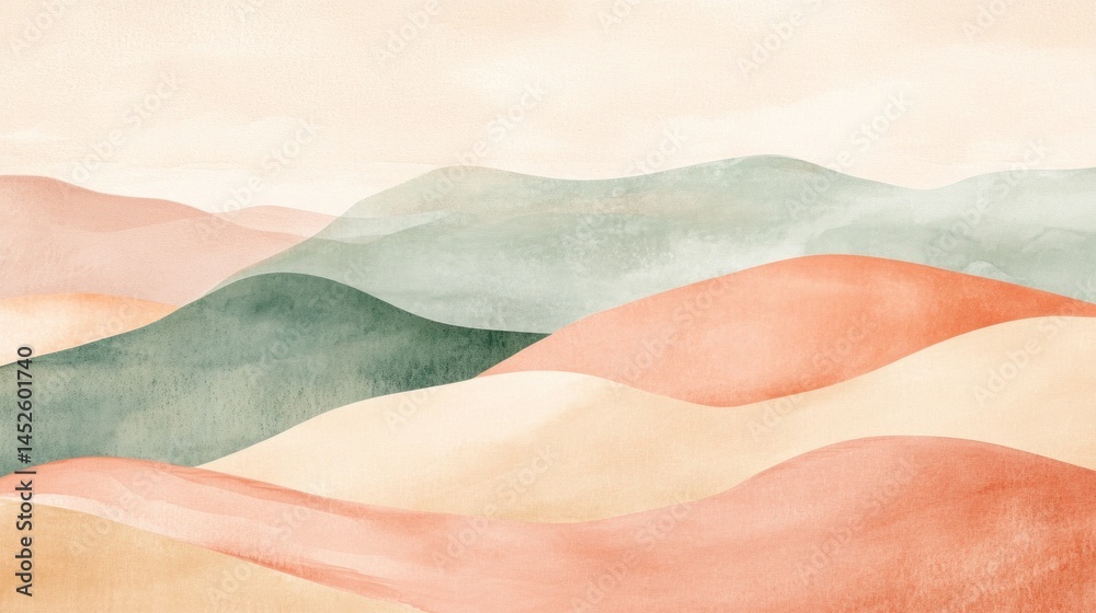 Poster This artwork showcases an abstract landscape that blends neutral earth tones with soft greens. The flowing shapes create a calming and harmonious visual experience