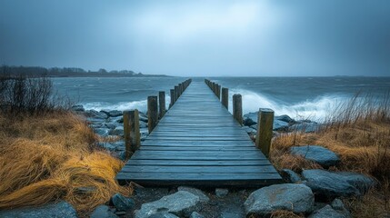 Obraz premium Stormy wooden pier leading to a vast lake