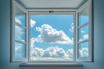 View of blue sky through window opening.