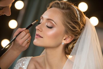 Makeup artist applies eye shadow to a bride, preparing for her wedding ceremony beautifully.