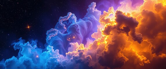 Fototapeta premium Vibrant celestial clouds ablaze with color, a captivating dance between cool blue and fiery orange hues.