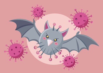 Cartoon Bat Surrounded by Pink Coronavirus Cells