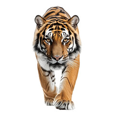 Fototapeta premium A majestic tiger confidently strides towards the viewer, showcasing its striking stripes and intense gaze. The image captures the power and grace of this magnificent creature.