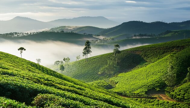 rolling hills of emerald green coffee plants with misty morning fog in coorg landscape