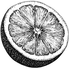 Obraz premium Citrus Fruit Half, Engraved Lemon Slice, Vintage Rough Wood Print, Hand Drawn Style, Old Sketch Vector, Trendy Botanical Decor, Rustic Citrus Artwork, Retro Illustration Design