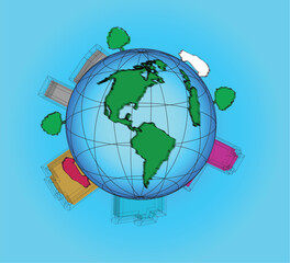 Fototapeta premium Earth globe surrounded by buildings and trees symbolizing global business and environmental awareness