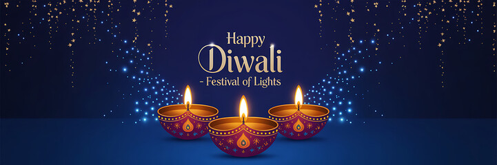 Diwali Festival Banner Featuring Glowing Traditional Diyas on Deep Blue Background Sparkling Gold Blue Light Particles Perfect for Festive Greetings Digital Invitations and Holiday Promotional Designs