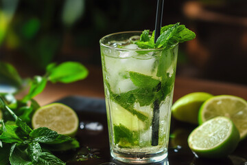 Summer cocktail mojito with lime and mint. 