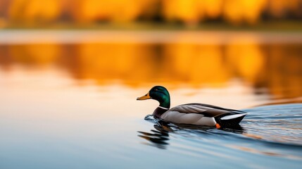 Fototapeta premium Serene Mallard Duck Swimming in Calm Waters at Sunset Reflection