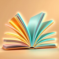 Glowing Neon Book with Fanned Pages on Pale Orange Background
